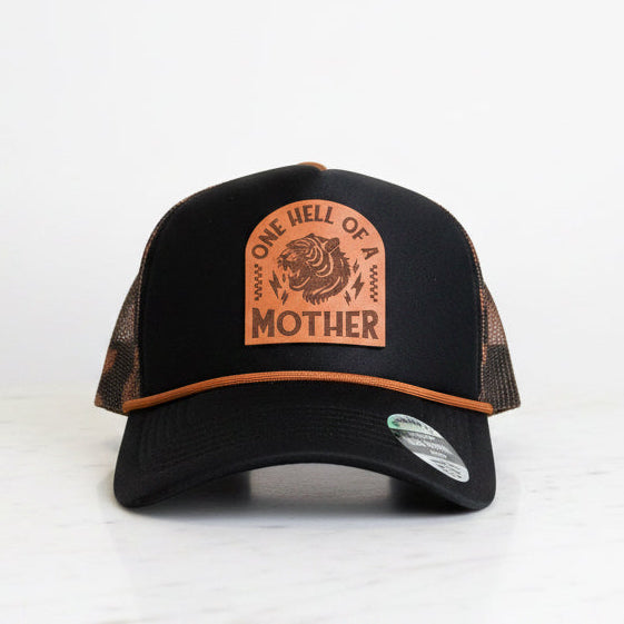 One Hell of a Mother Genuine Leather Patch Foam Front Mesh SnapBack Cap